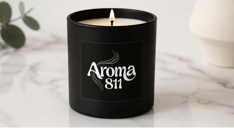 Uma vela aromática acesa dentro de um frasco de vidro cilíndrico preto fosco. A cera branca derretida no topo tem um pavio central com uma chama pequena e brilhante. No centro do frasco, há um rótulo quadrado preto com o nome da marca 'Aroma 811' escrito em letras brancas estilizadas, acompanhado por um gráfico de linhas brancas que representam fumo ou aroma subindo. A vela está sobre uma superfície de mármore branco com veios cinzentos suaves. À esquerda, em segundo plano, há um pequeno ramo de folhas de eucalipto, e à direita, a borda desfocada de um vaso de cerâmica branca. A iluminação é suave e natural.